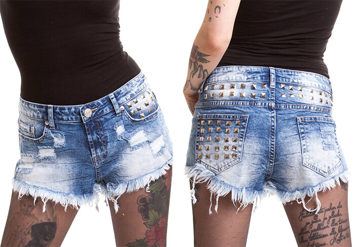 SHORT VAQUERO AZUL CON REMACHES DE PIRAMIDE